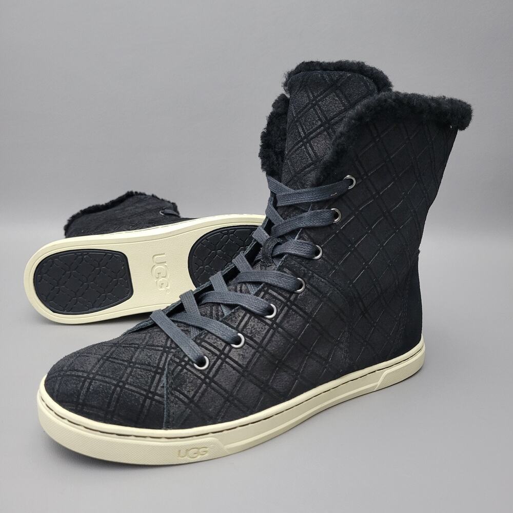 New UGG Croft Double Diamond Ankle Boots Black Lace Up Sneakers Size 8.5 US